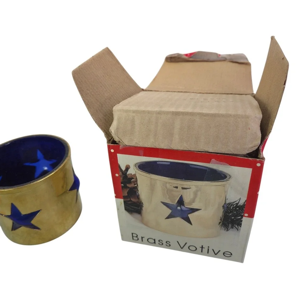 Solid Brass Star Pierced Votive Candle Holder With Blue Glass Intl Silver Co Vtg